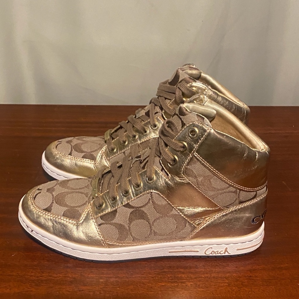 Coach Signature NORRA Khaki Metallic Gold Women’s Hi Top Sneakers size 8.5M - Picture 3 of 6